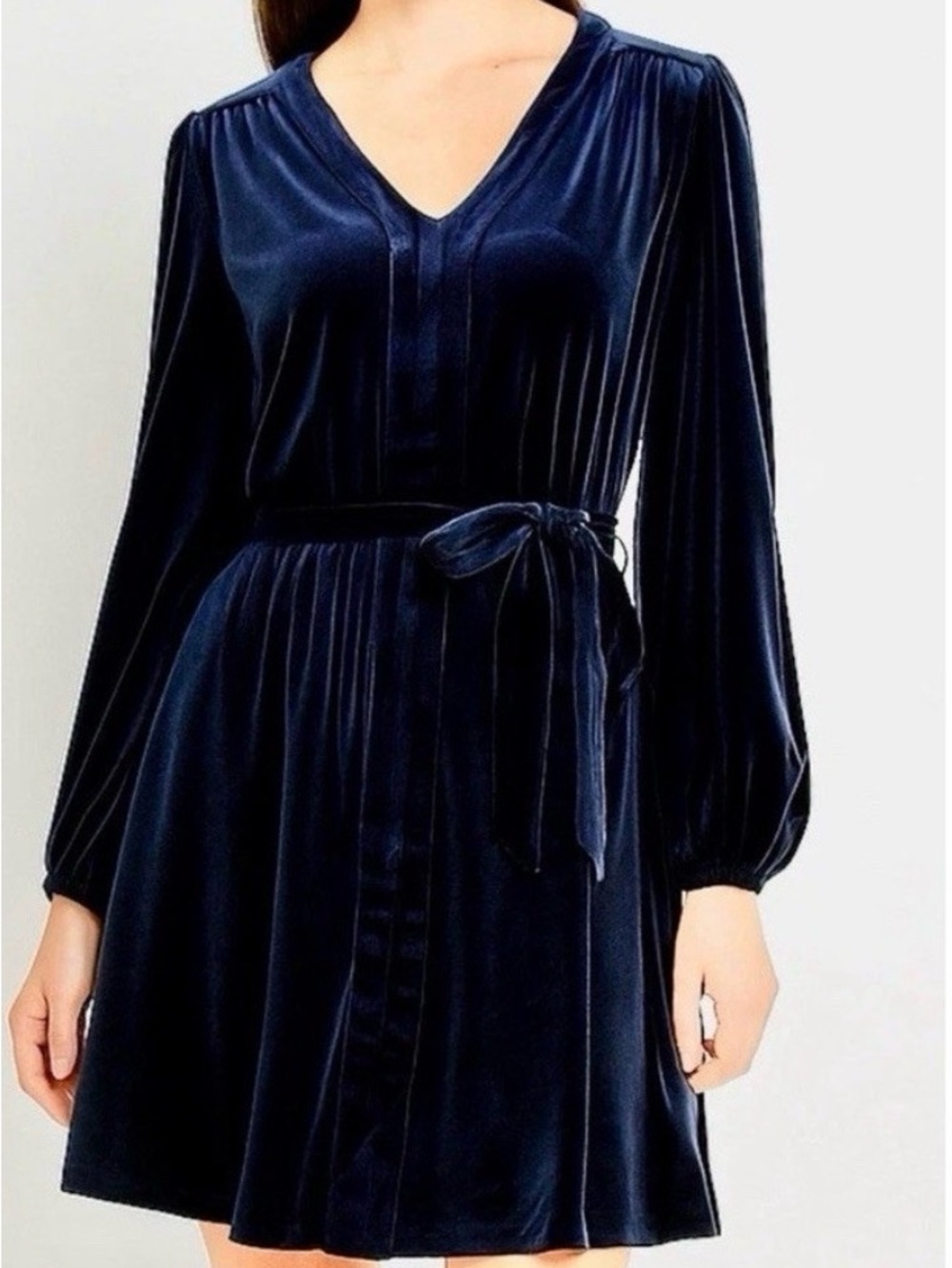 Draper James Navy Velvet V-Neck Long Sleeve Tie Waist Dress LN